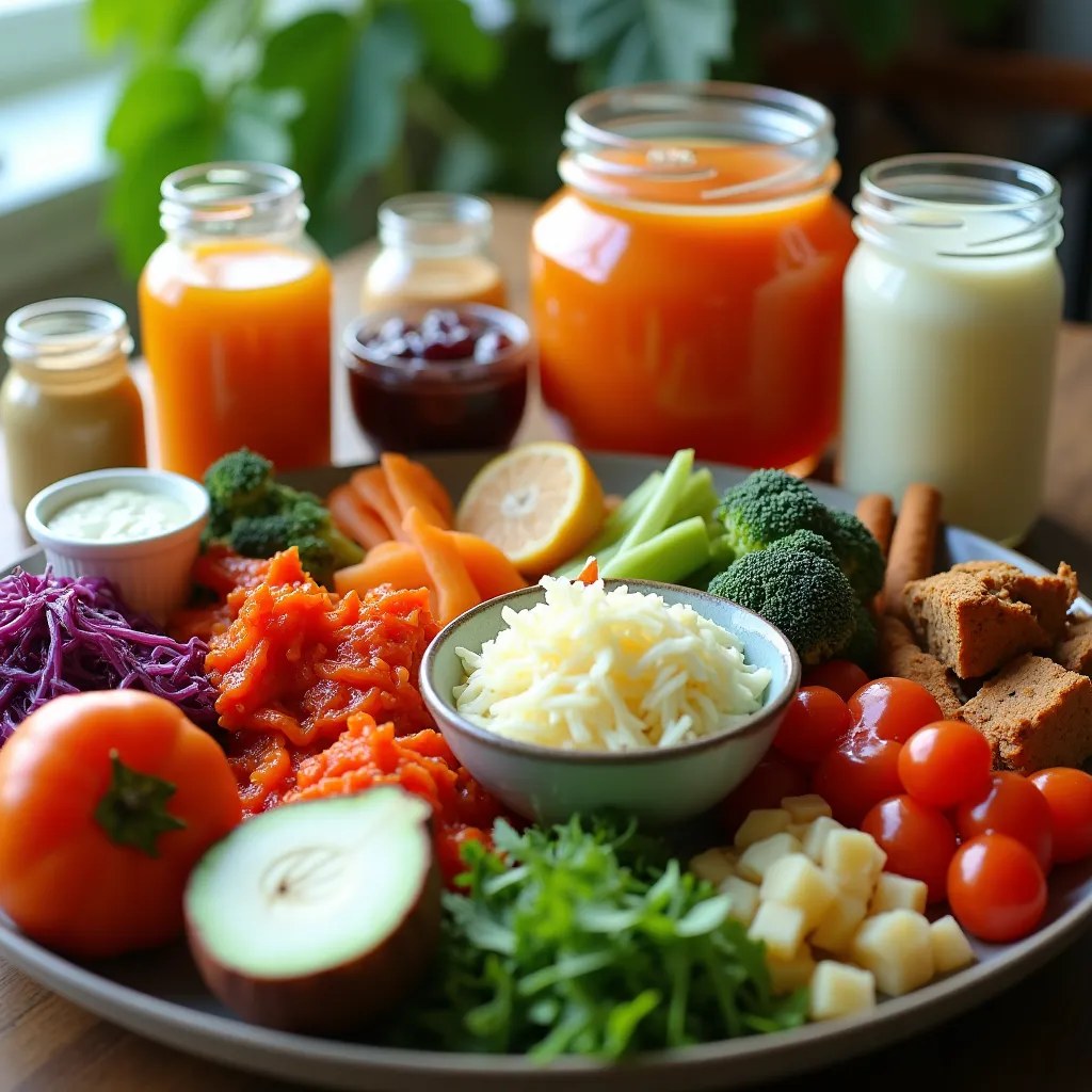 Diverse alimente fermentate precum kimchi, iaurt, kefir, murături